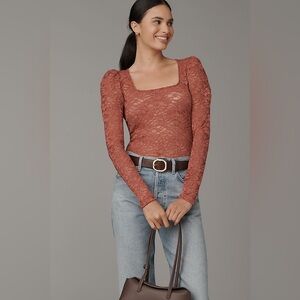 Anthropologie Pink Puff Sleeve Sheer Lace Top XXS Pink Romantic Square Neck NWT